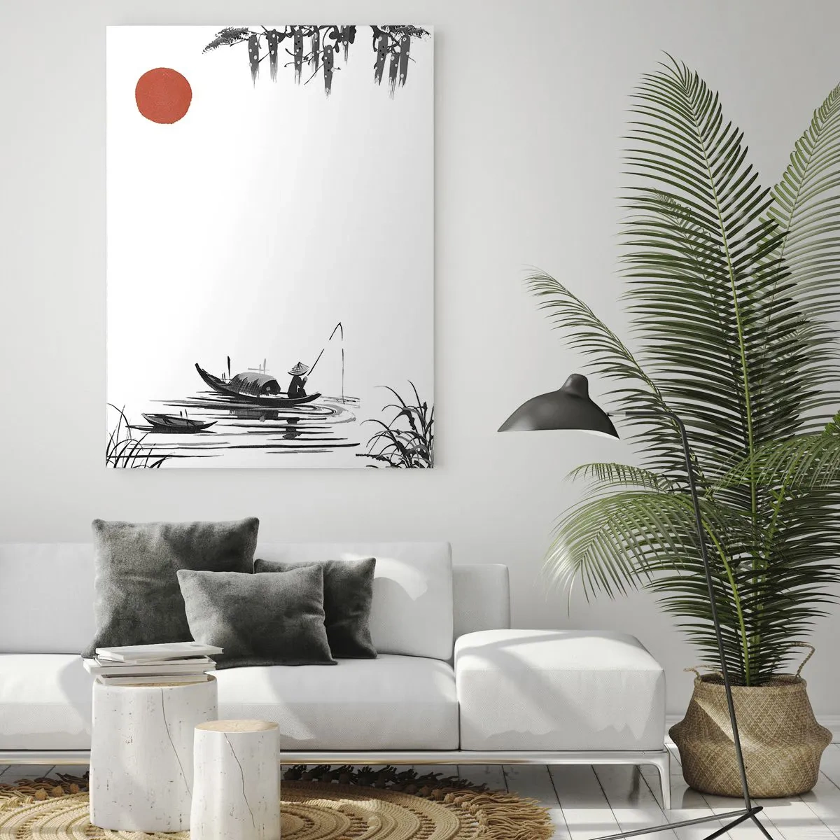 Impression sur verre - Image sur verre - Paysage oriental avec un pêcheur sur un bateau et un soleil rouge - 80x120cm - Après-midi asiatique - Décoration murale moderne pour le salon et la chambre ARTTOR