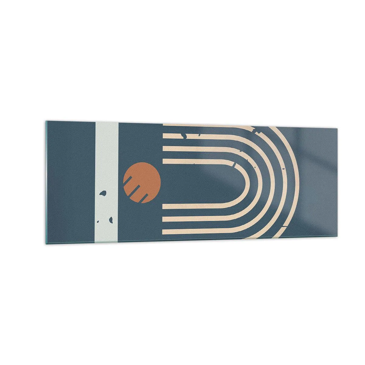 Impression sur verre - Image sur verre - Motif géométrique dans les tons bleu marine, beige et orange sur fond sombre - 140x50cm - Géométrie sur la grenade - Décoration murale moderne pour le salon et la chambre ARTTOR