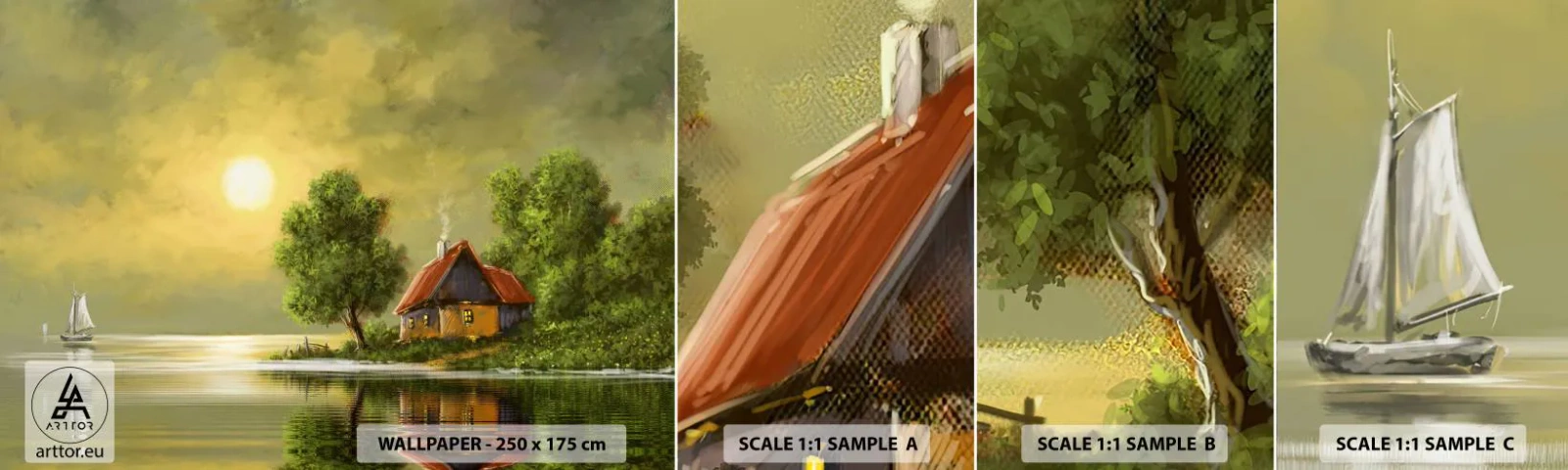 Échantillon de Papier Peint Autocollant Deluxe Sticker - Beau, comme une image - Paysage, Maison de campagne, Voilier - 100x30 cm