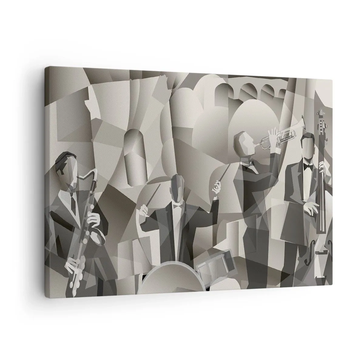 Impression sur toile - Image sur toile - Scène abstraite avec des musiciens de jazz dans des tons de gris. - 70x50cm - Dans l'espace des sons - Décoration murale moderne pour le salon et la chambre ARTTOR