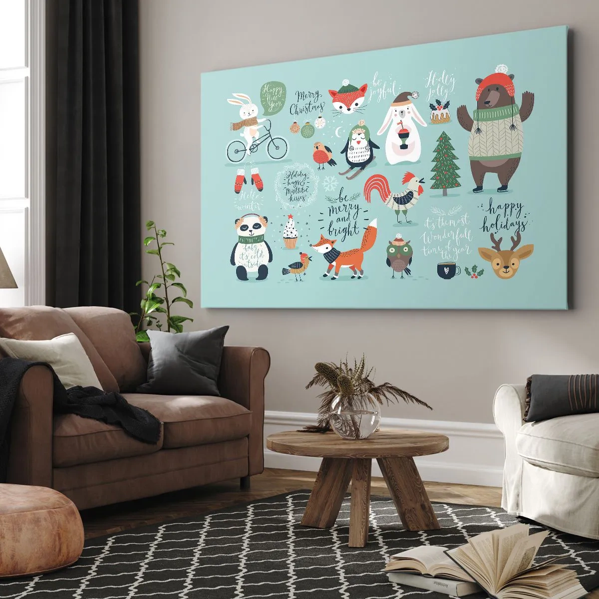 Impression sur toile - Image sur toile - Illustration de Noël d'animaux dans une ambiance hivernale - 120x80cm - Que ce soit toujours Noël ! - Décoration murale moderne pour le salon et la chambre ARTTOR