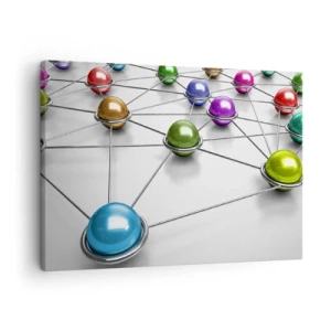 Impression sur toile - Image sur toile - Boules colorées reliées par de fines lignes sur fond blanc - 70x50cm - Toile d'araignée cosmique - Décoration murale moderne pour le salon et la chambre ARTTOR