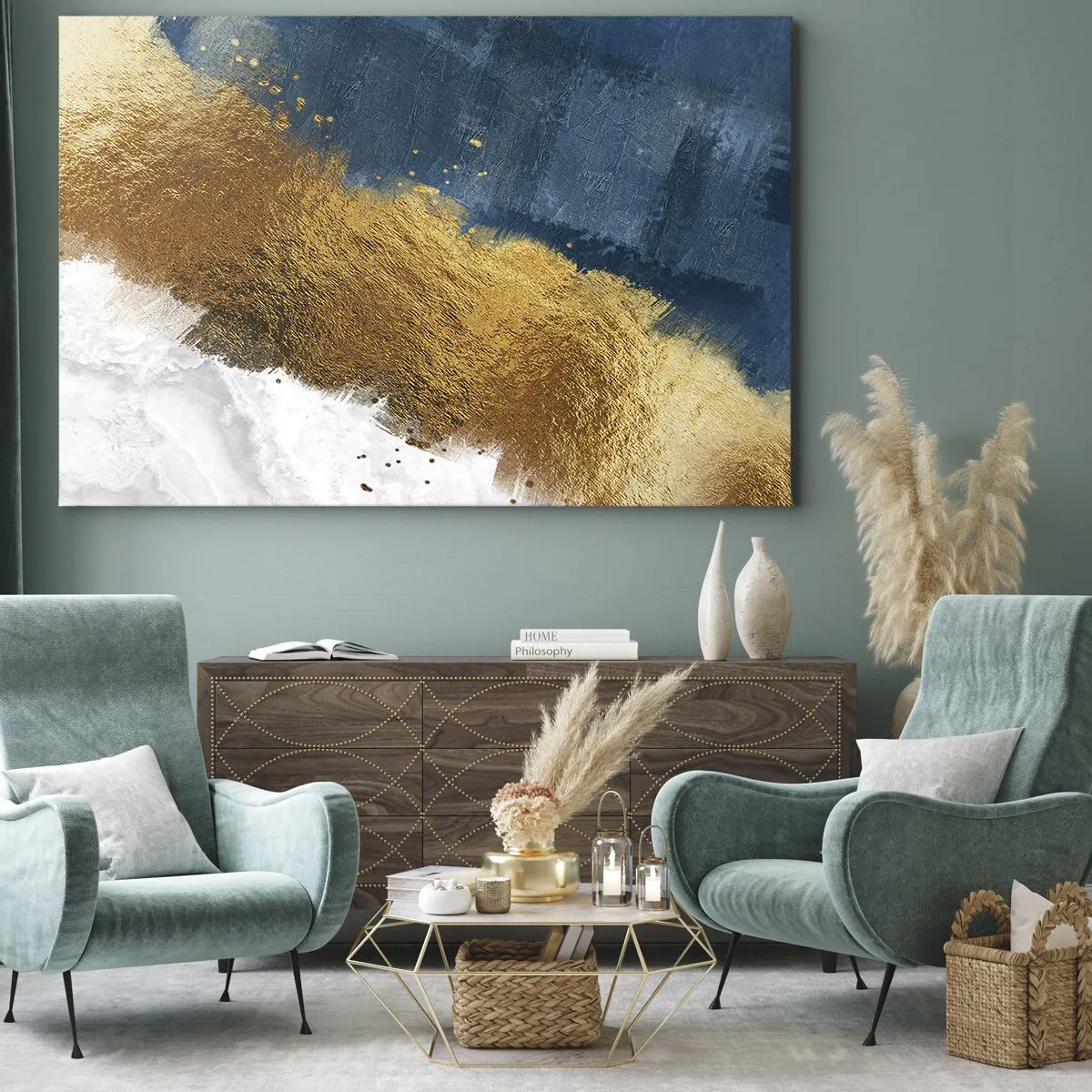 Impression sur toile - Image sur toile - Une composition abstraite dans des tons d'or, de bleu et de blanc. - 100x70cm - Les couleurs de l’été - Décoration murale moderne pour le salon et la chambre ARTTOR
