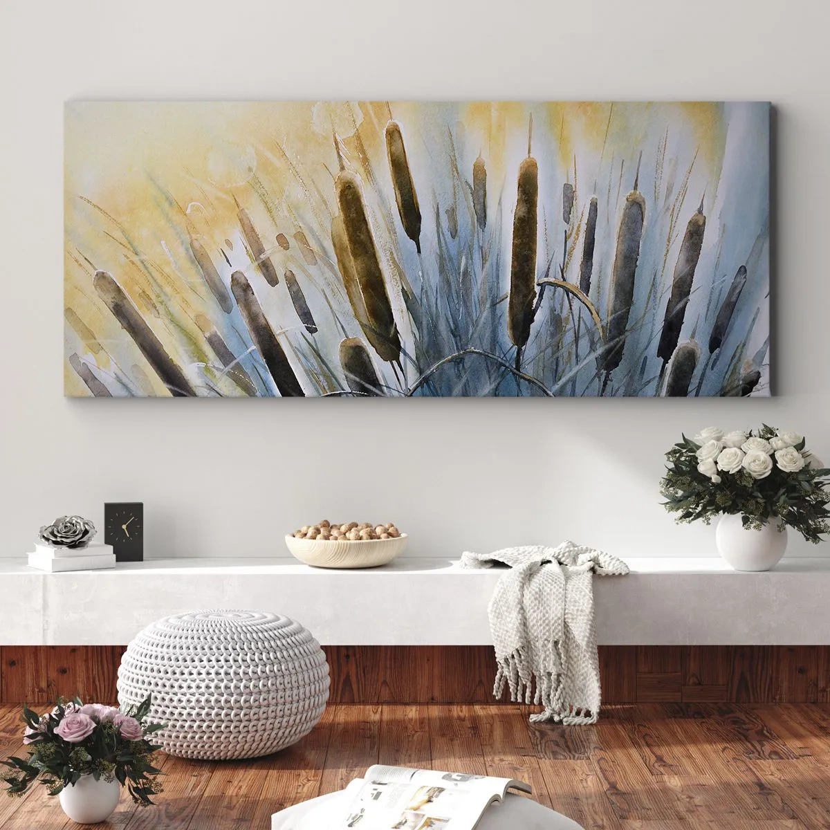 Impression sur toile - Image sur toile - Roseaux pittoresques sous les rayons du soleil - 160x50cm - Fraicheur de l'eau, chaleur du soleil - Décoration murale moderne pour le salon et la chambre ARTTOR