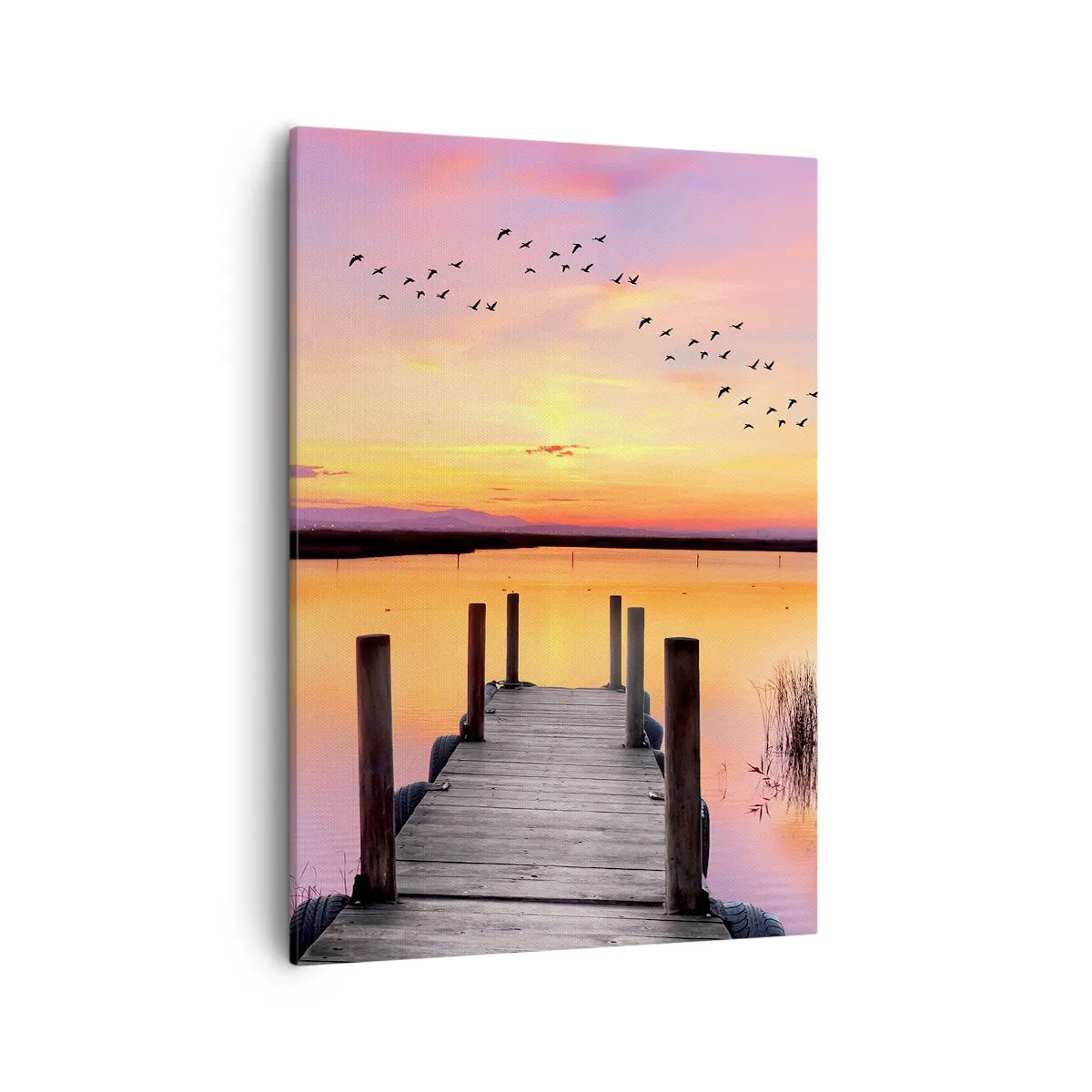 Impression sur toile - Image sur toile - Une jetée sur un lac au coucher du soleil avec des oiseaux dans le ciel - 50x70cm - Aube silencieuse violette - Décoration murale moderne pour le salon et la chambre ARTTOR
