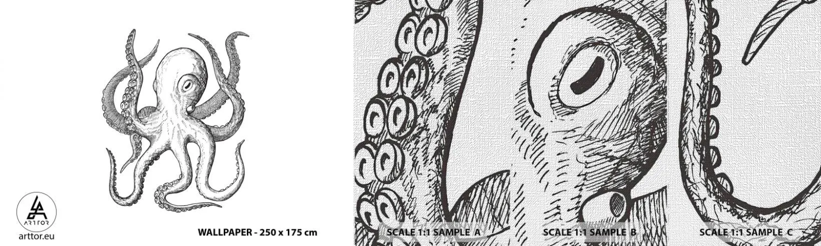 Échantillon de Papier Peint Premium Canvas - Dansant avec les vagues - Pieuvre, Dessin, Bord de mer - 100x30 cm