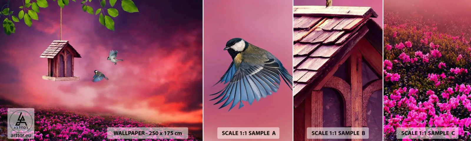 Échantillon de Papier Peint Autocollant Deluxe Sticker - Invitation à dîner - Paysage, Fleurs, Nichoir - 100x30 cm