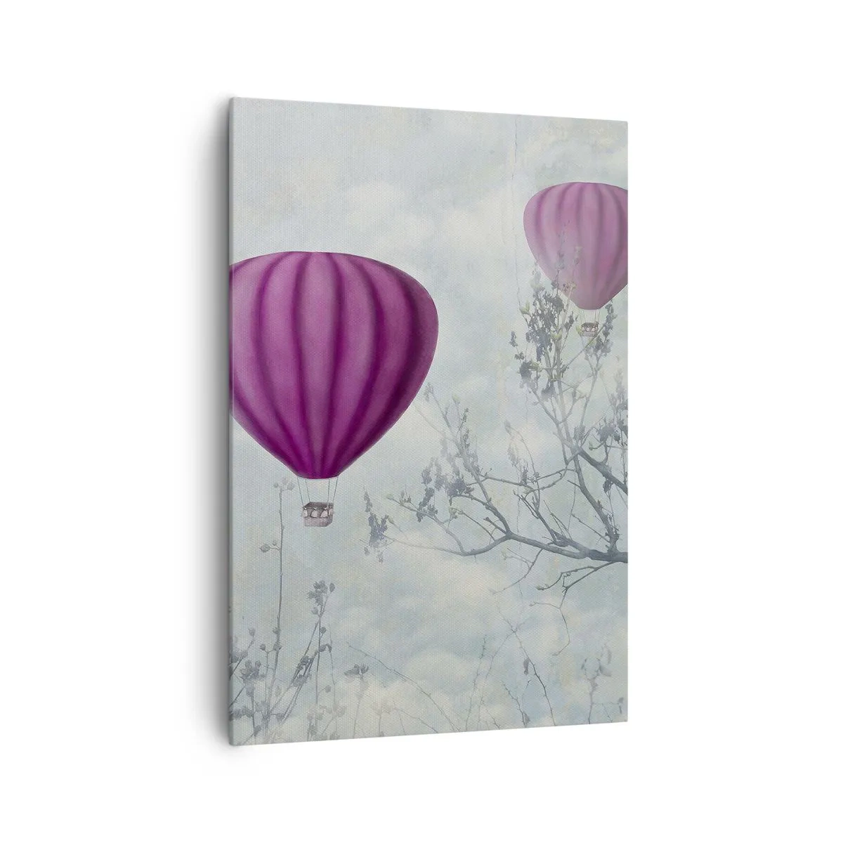 Impression sur toile - Image sur toile - Des ballons violets flottant au-dessus des arbres dans les nuages - 70x100cm - Comme des navires dans le ciel - Décoration murale moderne pour le salon et la chambre ARTTOR