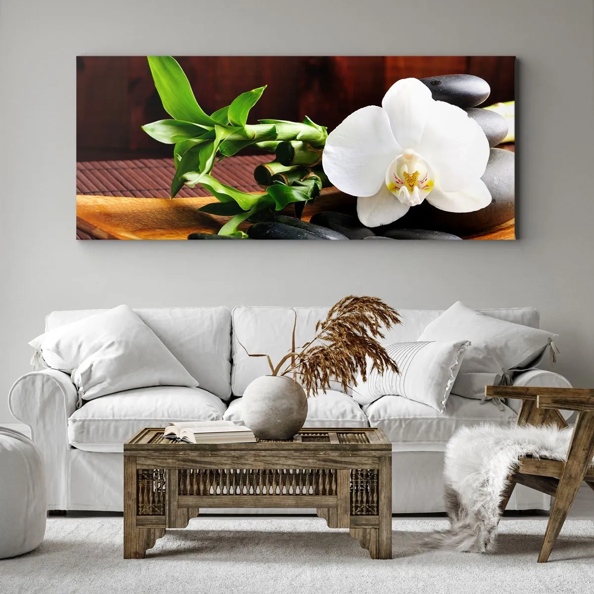 Impression sur toile - Image sur toile - Orchidée blanche avec bambou sur fond de pierre de style zen - 140x50cm - Cédez au contact de la nature - Décoration murale moderne pour le salon et la chambre ARTTOR