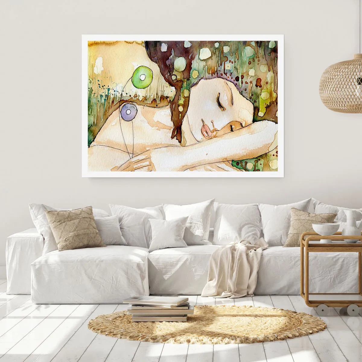 Affiche - Poster - Une femme rêvant entourée de formes et de couleurs abstraites. - 100x70cm - Un rêve violet émeraude - Décoration murale moderne pour le salon et la chambre ARTTOR