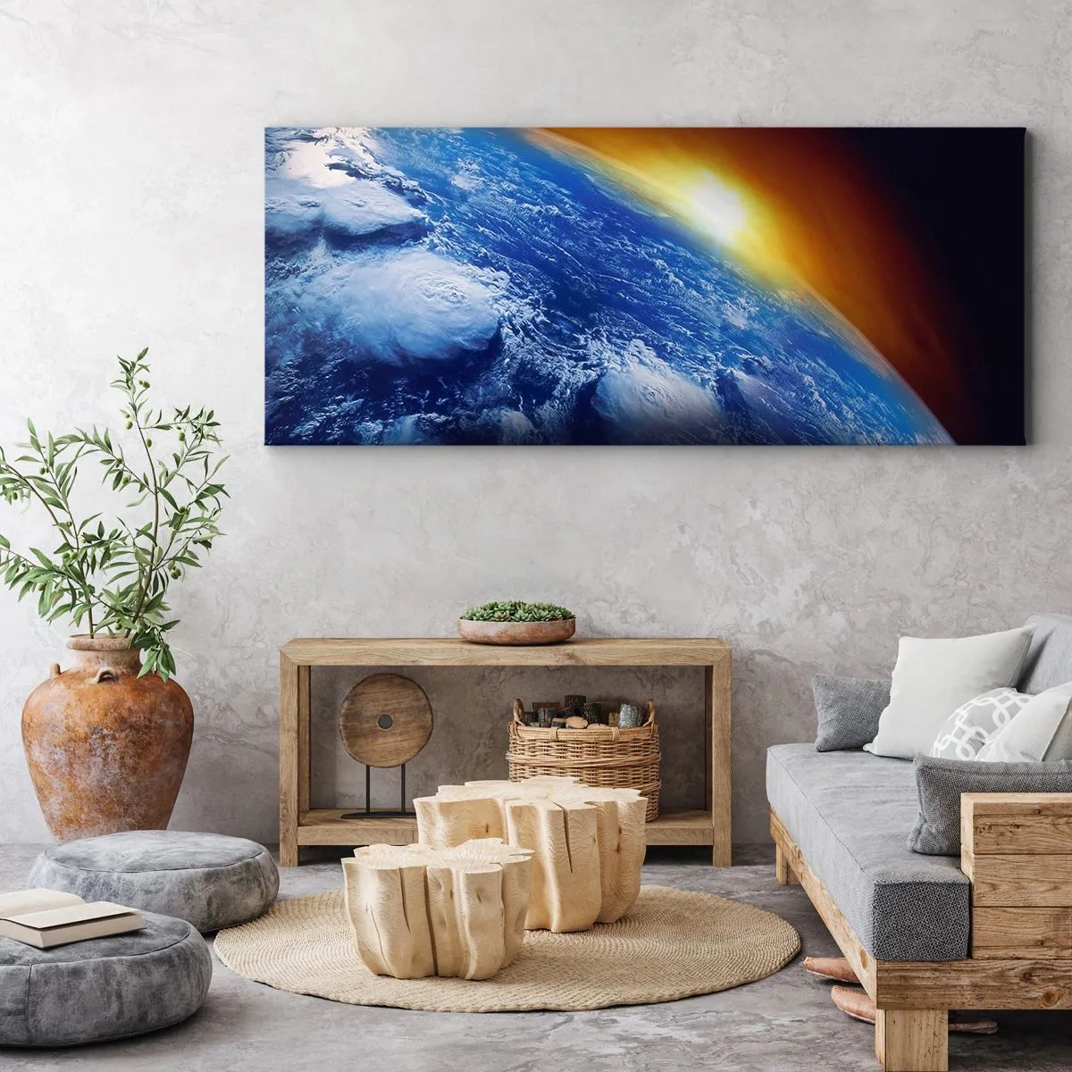 Impression sur toile - Image sur toile - Vue de la Terre depuis l'espace au coucher du soleil - 140x50cm - Lever de soleil sur la planète bleue - Décoration murale moderne pour le salon et la chambre ARTTOR