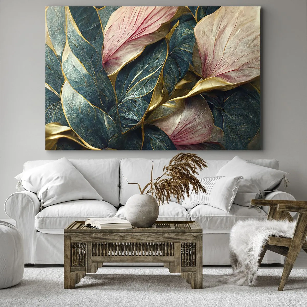 Impression sur toile - Image sur toile - Feuilles élégantes en vert, or et rose - 100x70cm - Élégance et style naturels - Décoration murale moderne pour le salon et la chambre ARTTOR