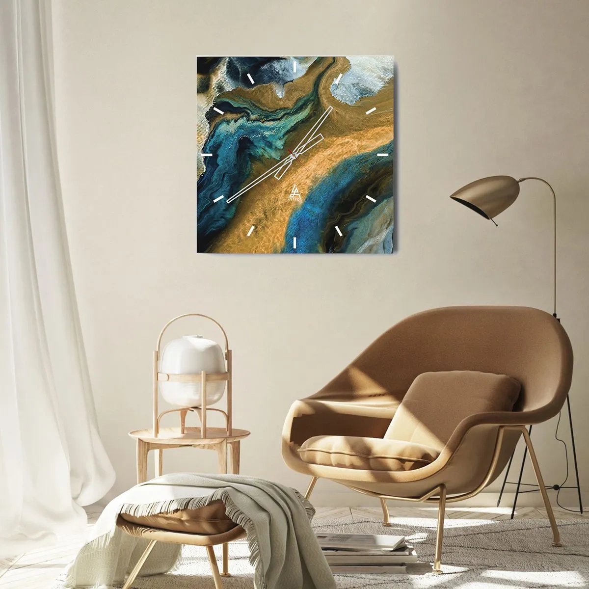 Horloge murale - Pendule murale - Vagues abstraites dans des tons d'or et de bleu - 30x30cm - Bleu - jaune - influences mutuelles - Décoration murale moderne pour le salon et la chambre ARTTOR