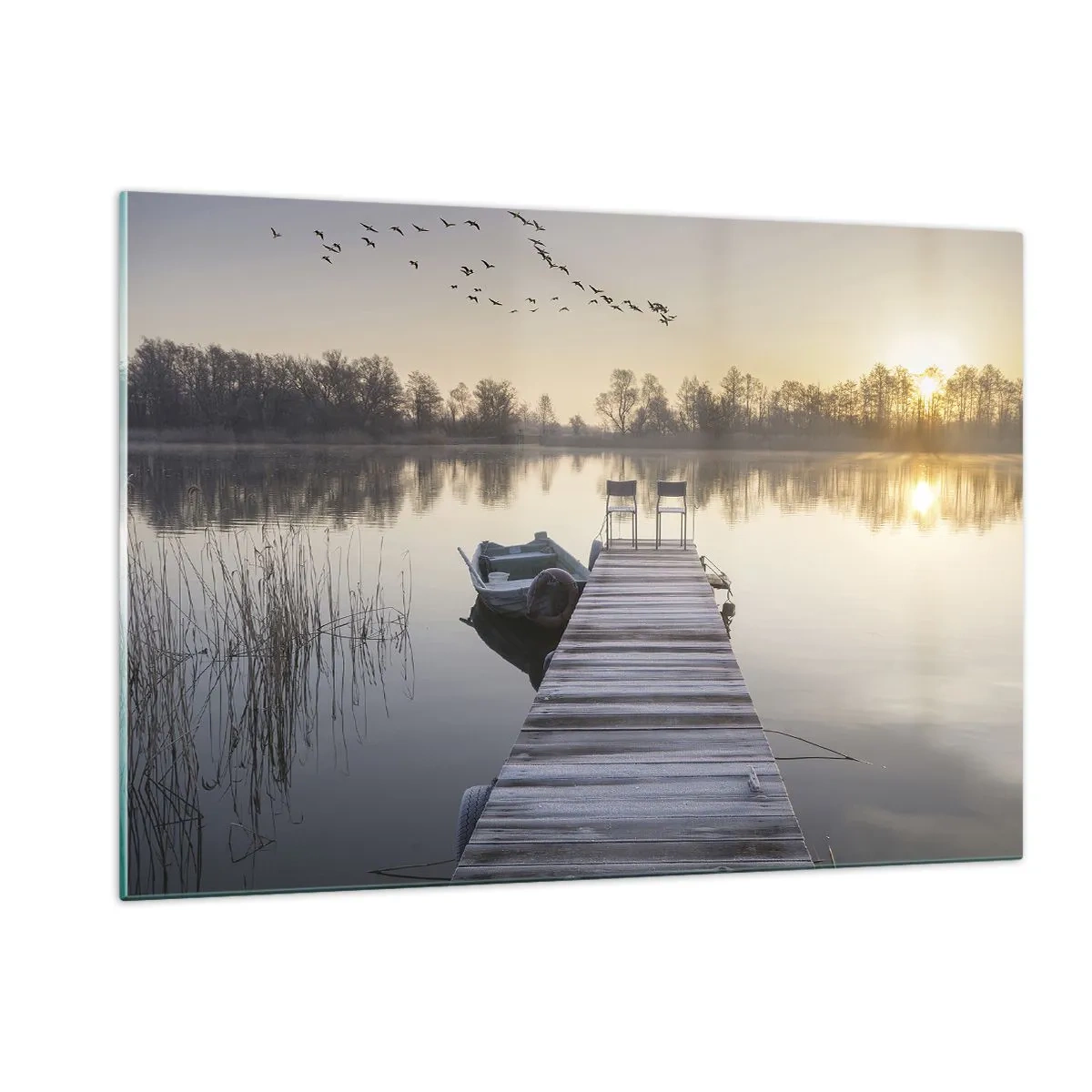 Impression sur verre - Image sur verre - Matinée au bord du lac avec une jetée - 120x80cm - Je reviendrai - Décoration murale moderne pour le salon et la chambre ARTTOR