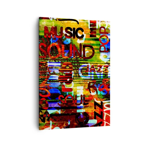 Impression sur toile - Image sur toile - Abstraction colorée avec des inscriptions musicales dans un style pop art - 50x70cm - Toutes les nuances du son - Décoration murale moderne pour le salon et la chambre ARTTOR