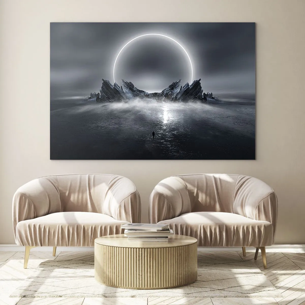 Impression sur verre - Image sur verre - Scène sombre avec éclipse et île rocheuse - 70x50cm - La fin de l'histoire - Décoration murale moderne pour le salon et la chambre ARTTOR
