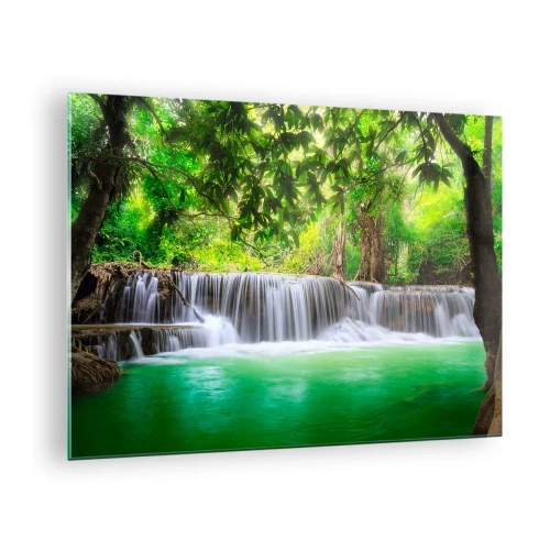 Impression sur verre - Image sur verre - Une cascade dans une forêt tropicale avec une eau cristalline - 70x50cm - Une cascade de vert - Décoration murale moderne pour le salon et la chambre ARTTOR