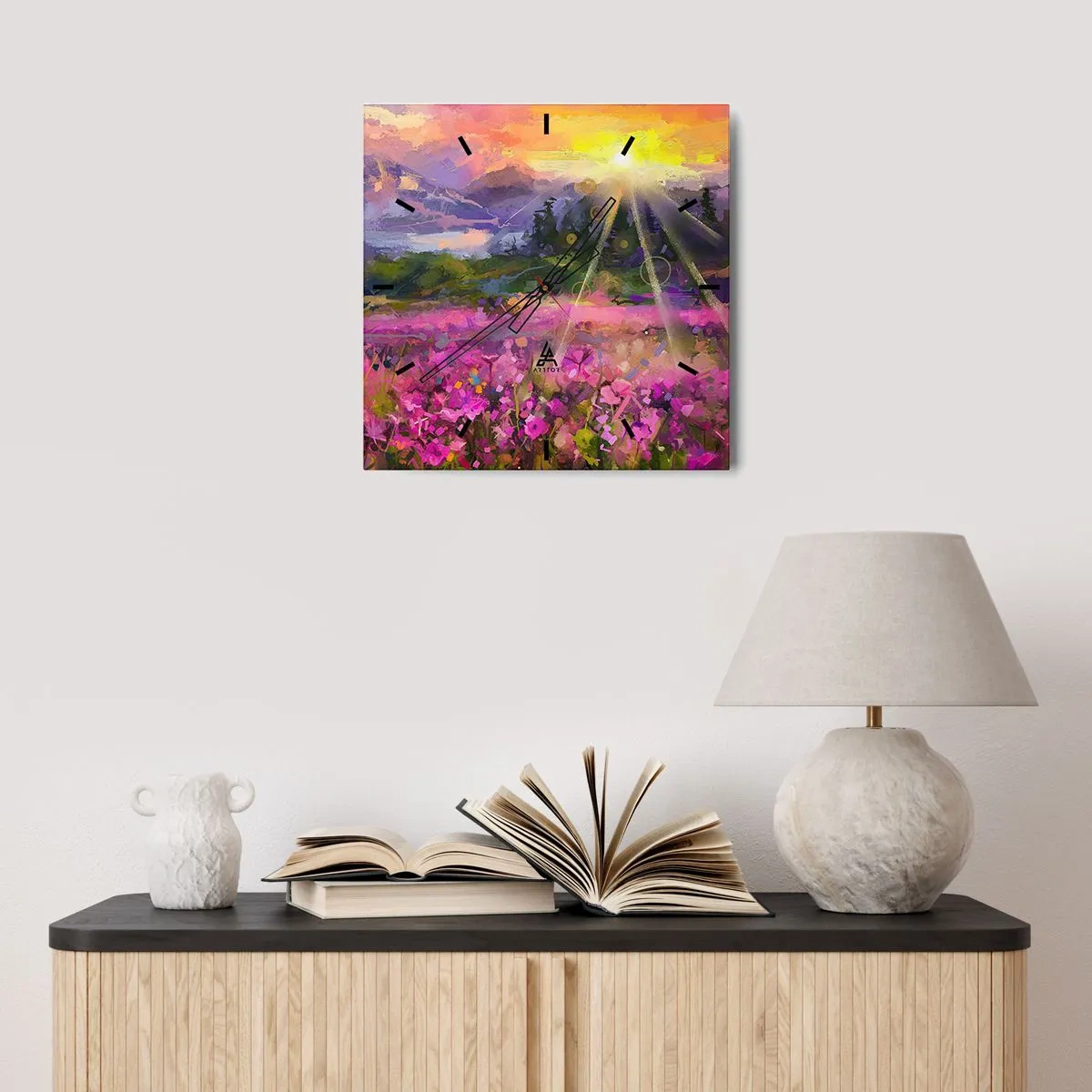 Horloge murale - Pendule murale - Une prairie pittoresque sous les rayons du soleil couchant - 30x30cm - Dans la vallée à l'abri du soleil - Décoration murale moderne pour le salon et la chambre ARTTOR