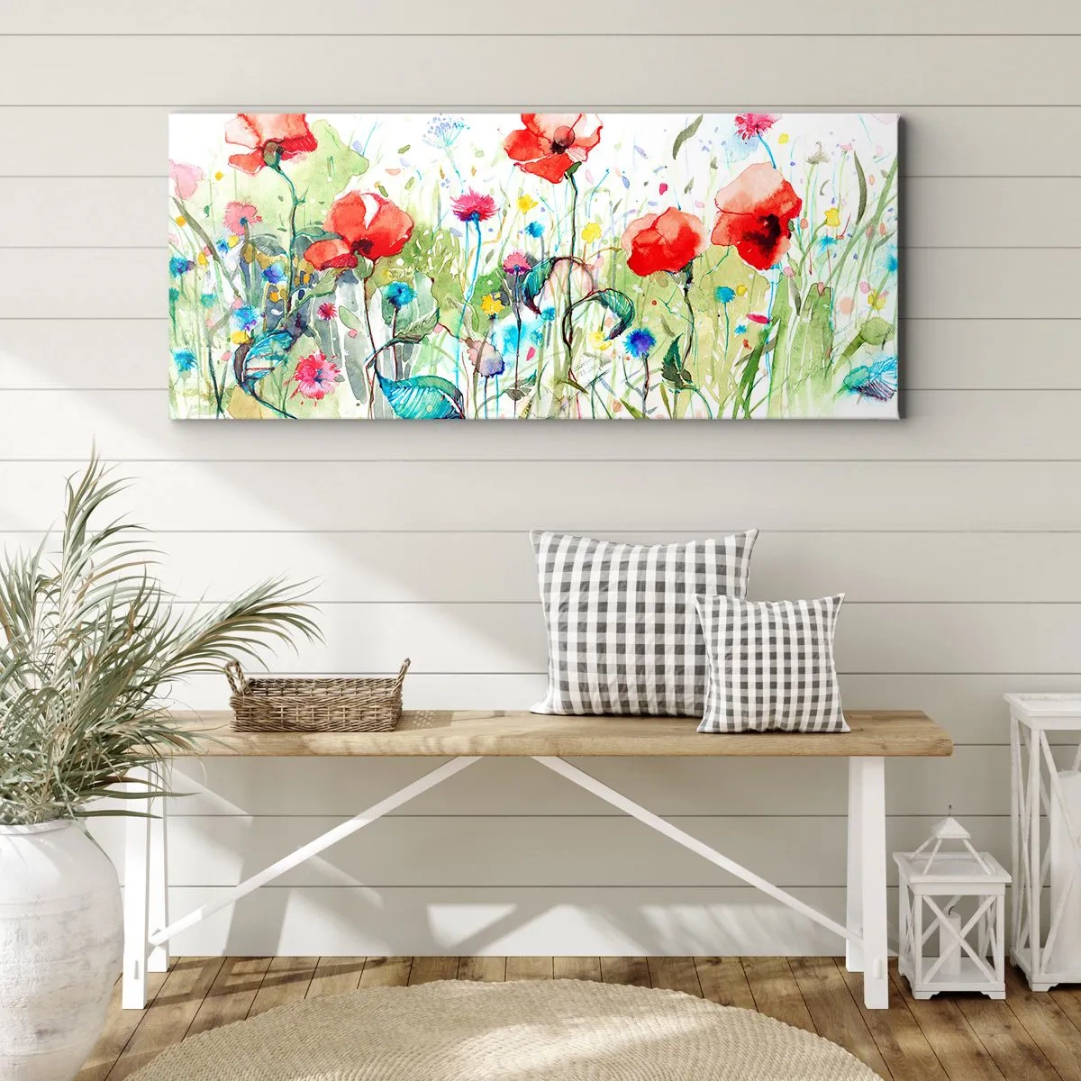 Impression sur toile - Image sur toile - Une prairie avec des coquelicots rouges et des fleurs colorées à l'aquarelle - 160x50cm - Prairie de fleurs en mai - Décoration murale moderne pour le salon et la chambre ARTTOR