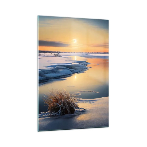 Impression sur verre - Image sur verre - Paysage d'hiver avec une rivière au coucher du soleil - 80x120cm - Coucher de soleil d'hiver - Décoration murale moderne pour le salon et la chambre ARTTOR