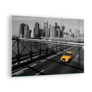Impression sur verre - Image sur verre - Un taxi jaune sur un pont surplombant Manhattan - 70x50cm - Couleur de la grande ville - Décoration murale moderne pour le salon et la chambre ARTTOR
