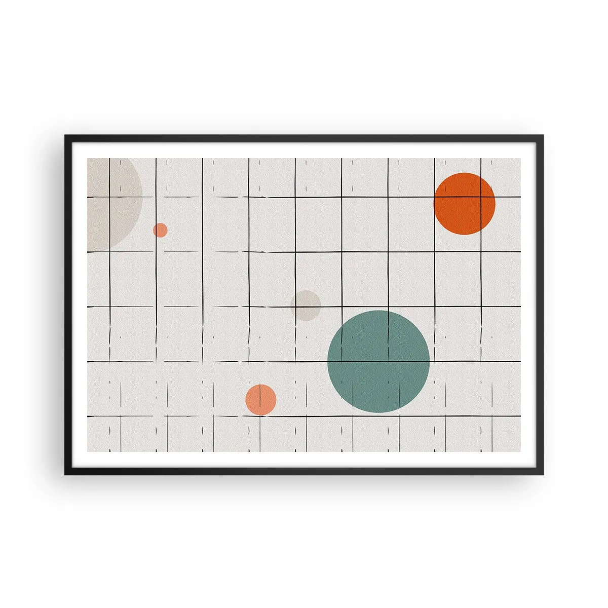 Affiche dans un cadre noir - Poster - Cercles colorés abstraits sur un fond de grille géométrique - 100x70cm - Piégé. Nous ou eux ? - Décoration murale moderne pour le salon et la chambre ARTTOR