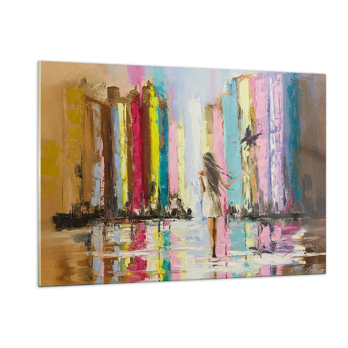 Impression sur verre - Image sur verre - Une femme avec un oiseau en arrière-plan de bâtiments colorés - 120x80cm - Viens avec moi - Décoration murale moderne pour le salon et la chambre ARTTOR