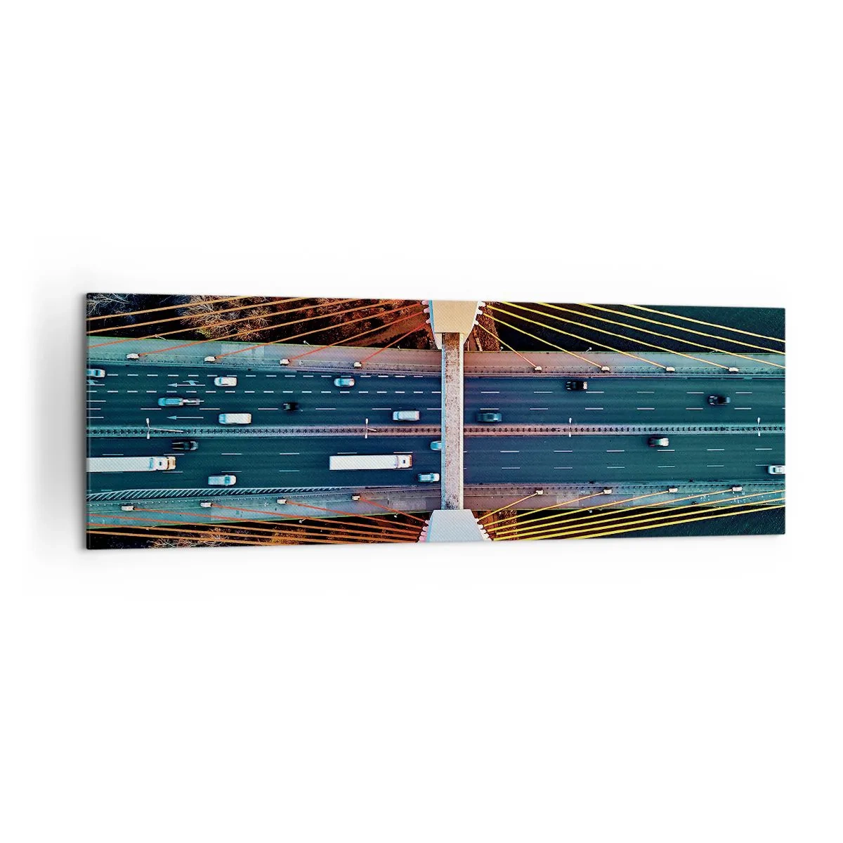 Impression sur toile - Image sur toile - Vue aérienne du pont sur la rivière et du paysage d'automne - 160x50cm - Au dessus de l'eau et de la forêt - Décoration murale moderne pour le salon et la chambre ARTTOR