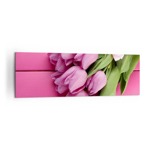 Impression sur toile - Image sur toile - Un bouquet de tulipes roses avec un nœud sur un fond rose - 160x50cm - Juste pour toi - Décoration murale moderne pour le salon et la chambre ARTTOR