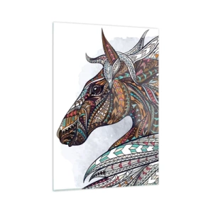 Impression sur verre - Image sur verre - Cheval coloré dans un style artistique avec des motifs géométriques - 50x70cm - Destrier guerrier celtique - Décoration murale moderne pour le salon et la chambre ARTTOR