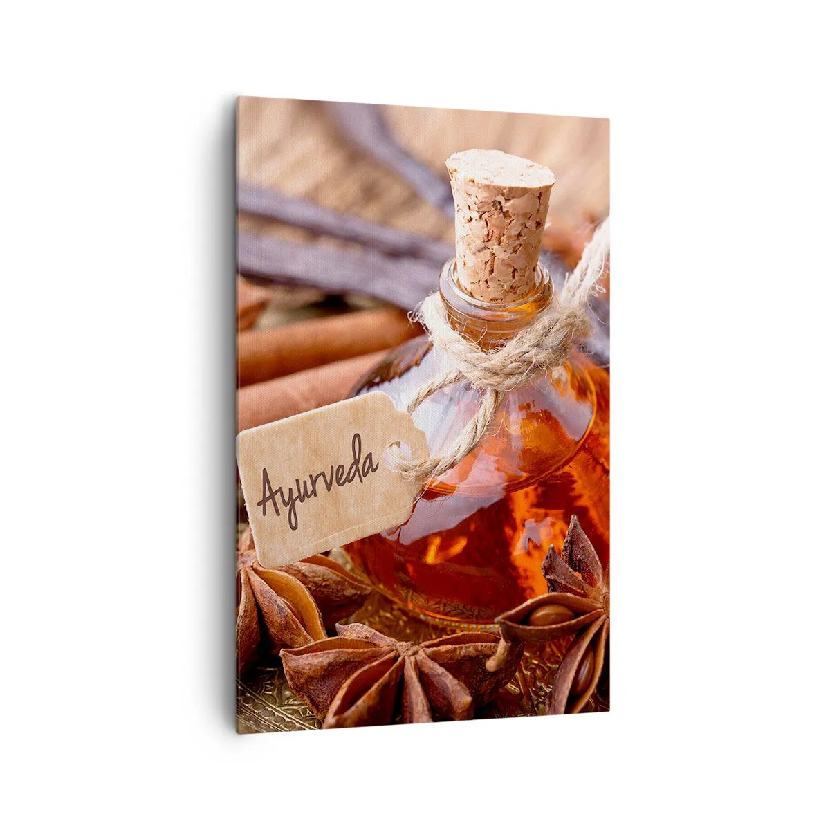 Impression sur toile - Image sur toile - Une bouteille d'huile d'épices sur un plateau - 80x120cm - Vers l'unité du corps et de l'esprit - Décoration murale moderne pour le salon et la chambre ARTTOR