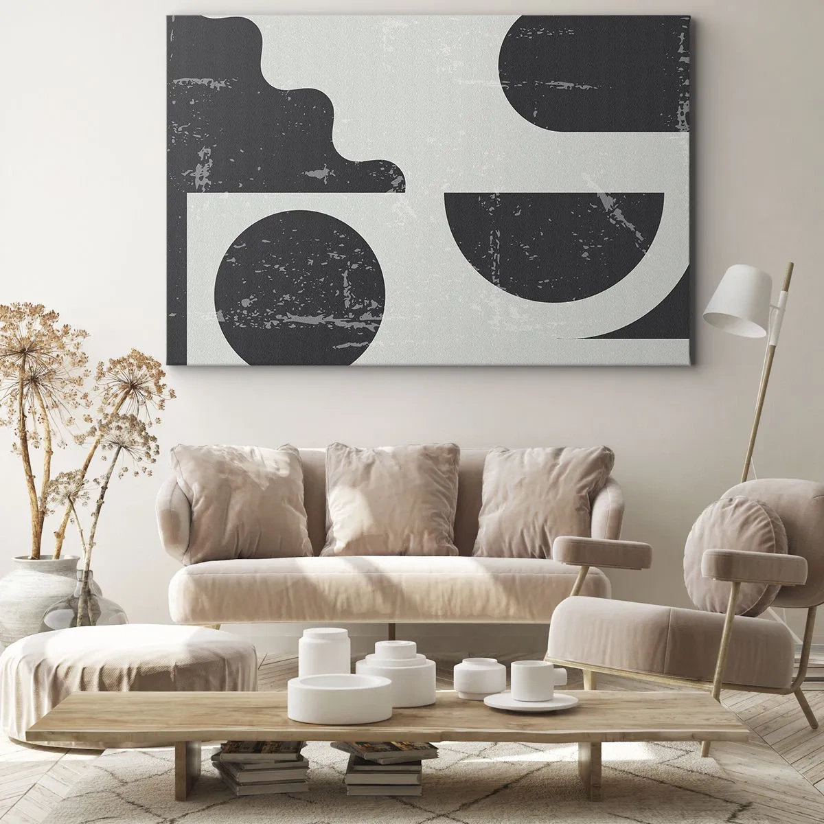 Impression sur toile - Image sur toile - Motifs géométriques dans les tons de noir et de gris - 100x70cm - Composition dessus et dessous - Décoration murale moderne pour le salon et la chambre ARTTOR