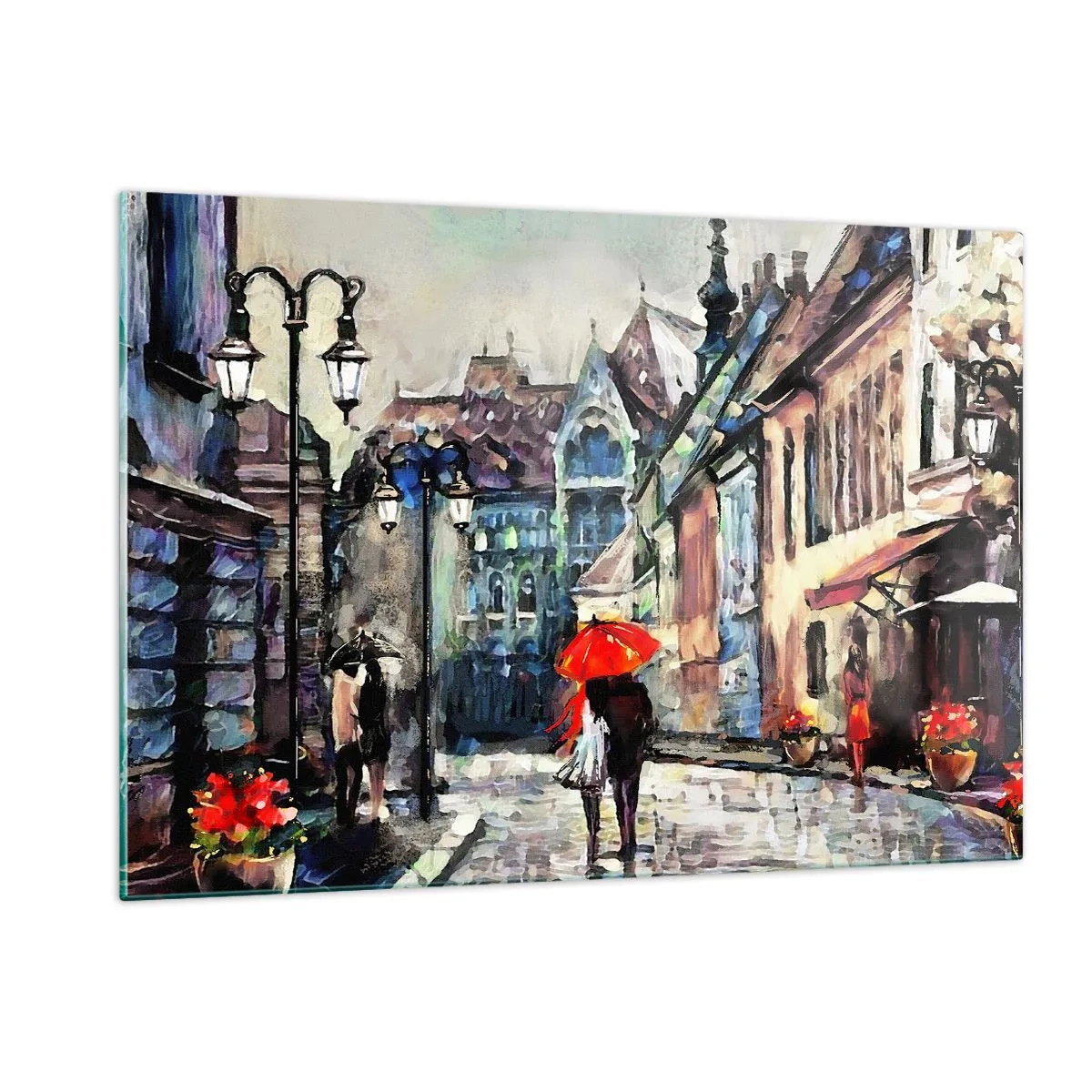 Impression sur verre - Image sur verre - Un couple sous un parapluie rouge se promenant dans une rue pittoresque - 120x80cm - Pluie pour deux - Décoration murale moderne pour le salon et la chambre ARTTOR