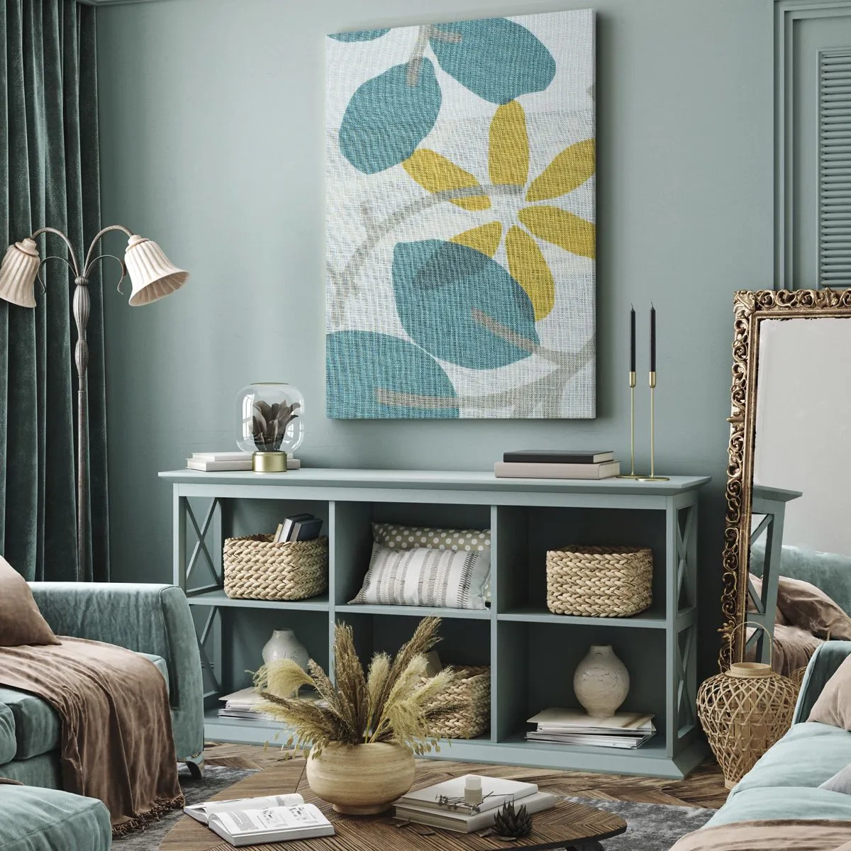 Impression sur toile - Image sur toile - Feuilles aux tons turquoise et jaune sur fond clair - 80x120cm - Wśród lazurowych liści - Décoration murale moderne pour le salon et la chambre ARTTOR