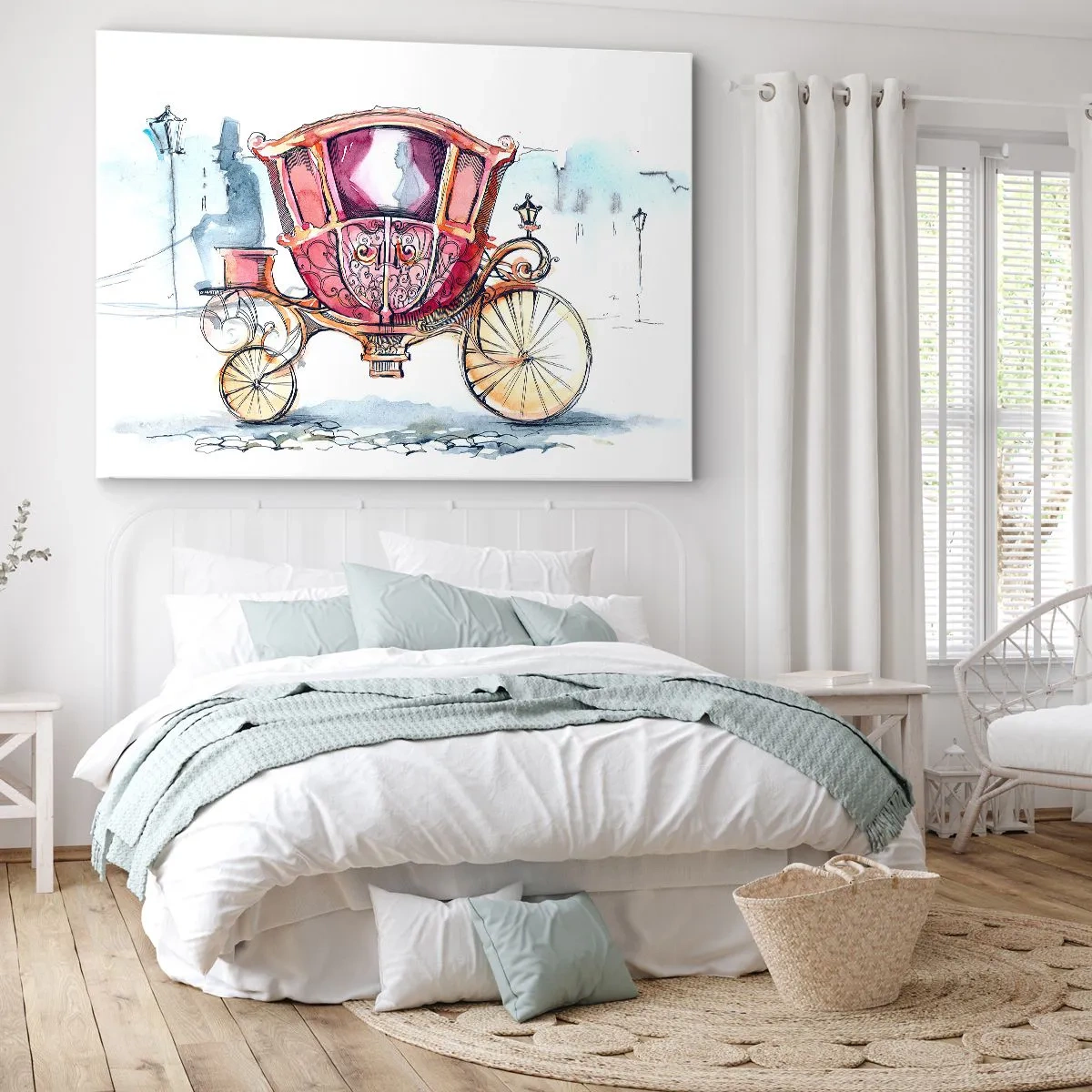Impression sur toile - Image sur toile - Une illustration élégante d'une voiture ancienne aux couleurs pastel. - 70x50cm - À un mariage ou à un bal ? - Décoration murale moderne pour le salon et la chambre ARTTOR