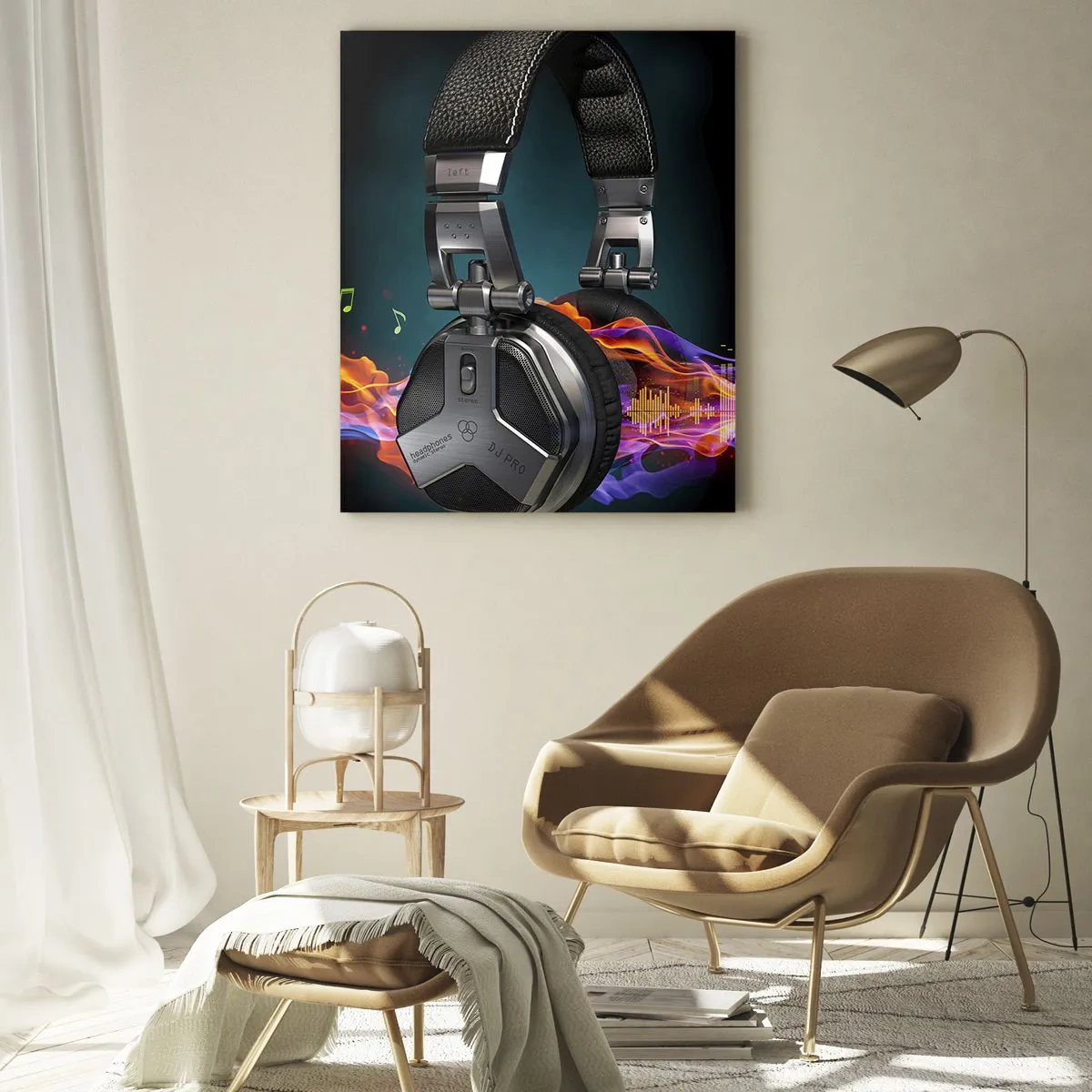 Impression sur verre - Image sur verre - Casque noir avec effet de visualisation musicale colorée - 70x100cm - Dans le feu de la musique - Décoration murale moderne pour le salon et la chambre ARTTOR