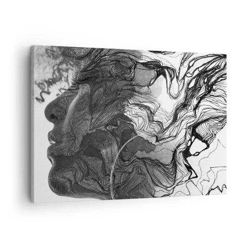 Impression sur toile - Image sur toile - Visage abstrait en noir et blanc avec des lignes dynamiques. - 70x50cm - Emmêlé dans les rêves - Décoration murale moderne pour le salon et la chambre ARTTOR