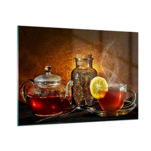 Impression sur verre - Image sur verre - Une théière en verre et une tasse de thé au citron - 100x70cm - Dans le style des maîtres hollandais - Décoration murale moderne pour le salon et la chambre ARTTOR