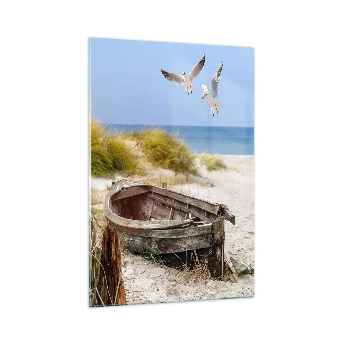 Impression sur verre - Image sur verre - Bateau abandonné sur une plage avec des mouettes - 70x100cm - Bain de vent - Décoration murale moderne pour le salon et la chambre ARTTOR