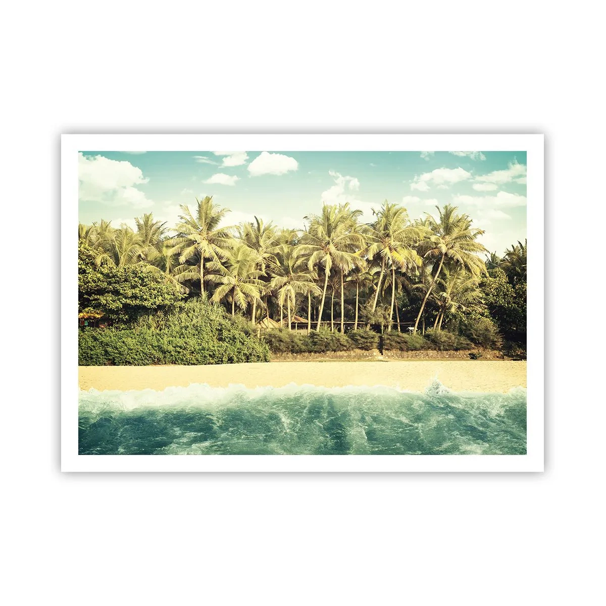 Affiche - Poster - Plage tropicale avec palmiers et mer turquoise - 100x70cm - Peut-être ici? - Décoration murale moderne pour le salon et la chambre ARTTOR