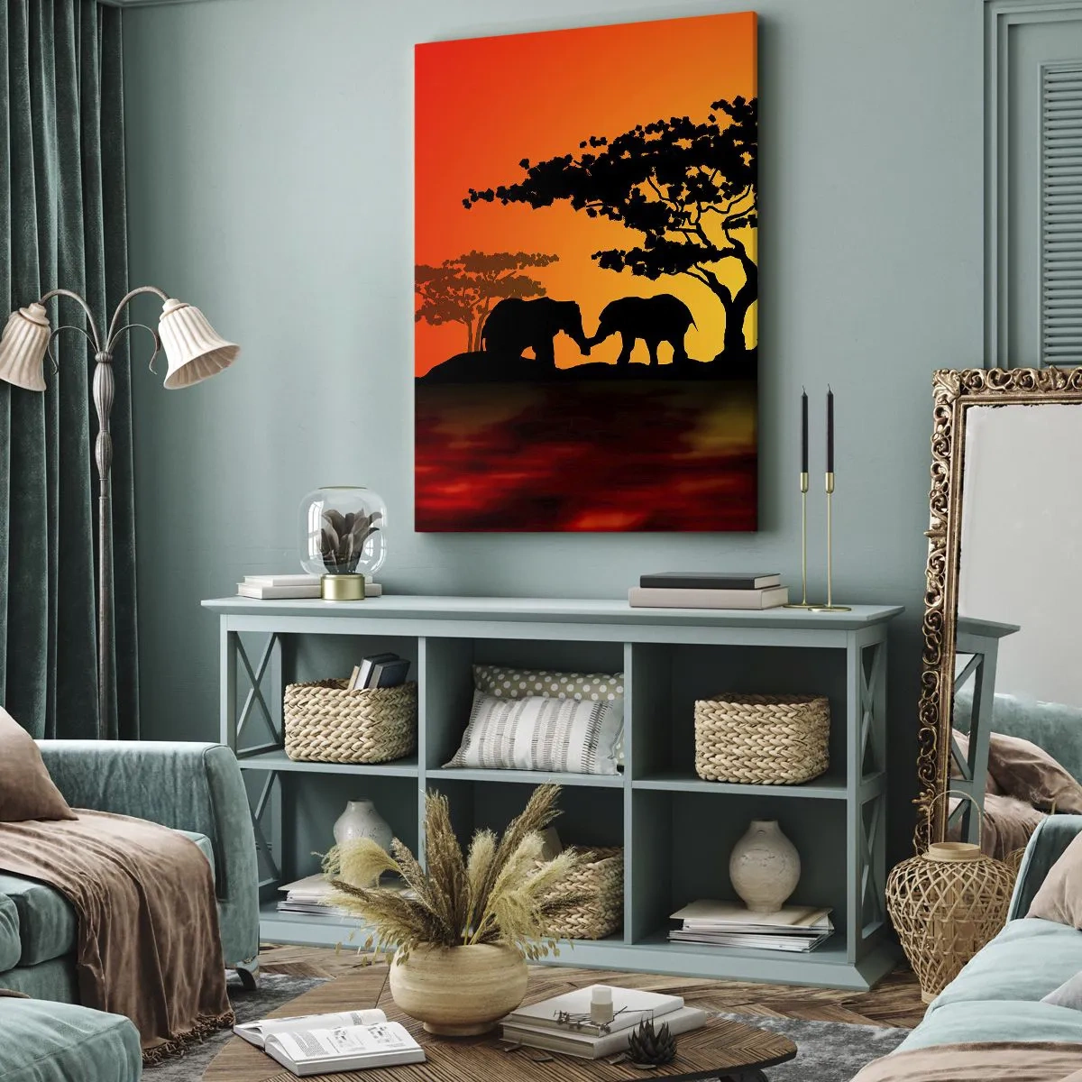 Impression sur toile - Image sur toile - Coucher de soleil africain avec des silhouettes d'éléphants et de girafes au-dessus de l'eau - 50x70cm - Rencontre dans la savane - Décoration murale moderne pour le salon et la chambre ARTTOR
