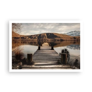 Affiche - Poster - Une jetée en bois sur un lac entouré de collines pittoresques - 100x70cm - Paysage silencieux - Décoration murale moderne pour le salon et la chambre ARTTOR