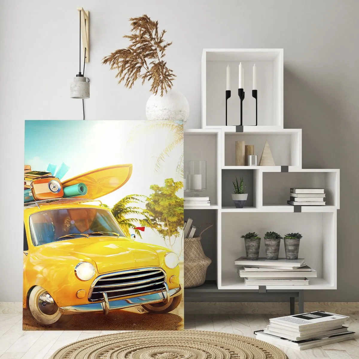 Impression sur verre - Image sur verre - Une voiture jaune avec des bagages dans un paysage tropical - 80x120cm - Un voyage pour plus d'un sourire - Décoration murale moderne pour le salon et la chambre ARTTOR
