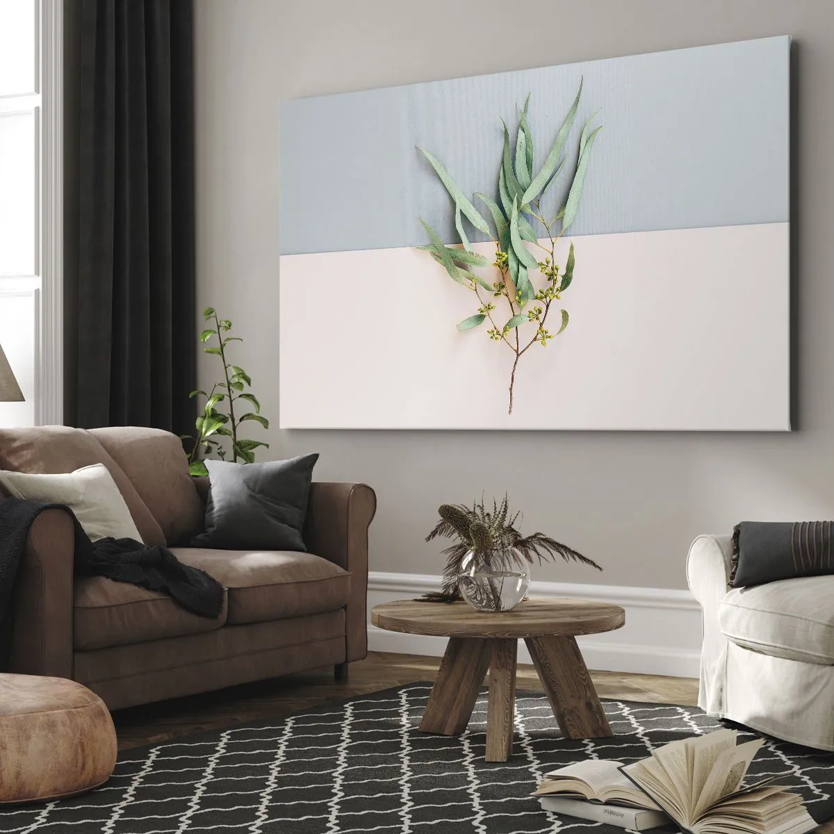 Impression sur toile - Image sur toile - Une branche avec des feuilles sur un fond de tons pastel - 120x80cm - Subtilité pastel - Décoration murale moderne pour le salon et la chambre ARTTOR