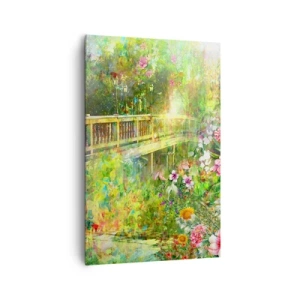 Impression sur toile - Image sur toile - Un pont entouré d'une végétation luxuriante et de fleurs - 80x120cm - Le soupire d'un pont de printemps - Décoration murale moderne pour le salon et la chambre ARTTOR