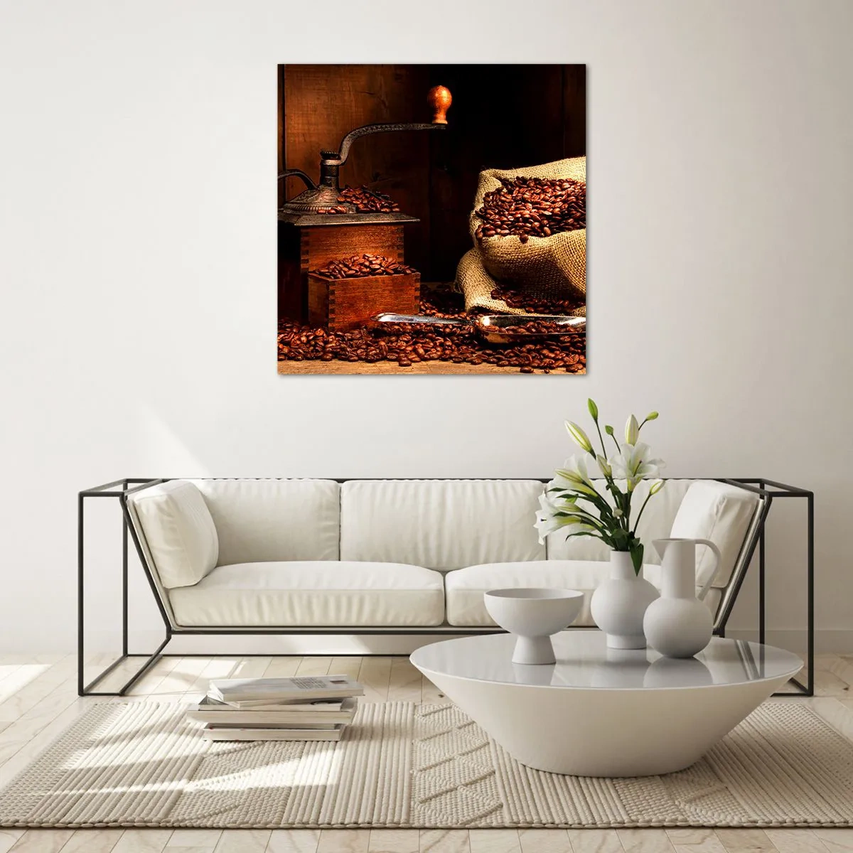 Impression sur verre - Image sur verre - Nature morte avec grains de café et moulin - 40x40 cm