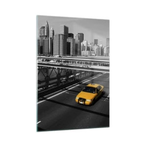 Impression sur verre - Image sur verre - Un taxi jaune sur un pont surplombant Manhattan - 50x70cm - Couleur de la grande ville - Décoration murale moderne pour le salon et la chambre ARTTOR
