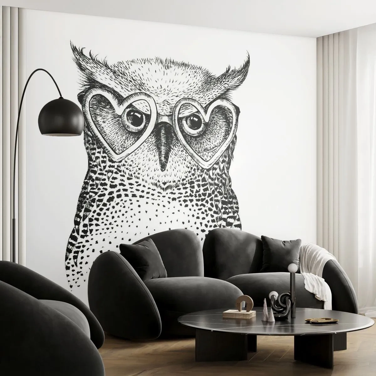 Papier Peint Photo Premium Sand - Chouette avec des lunettes en forme de cœur de style noir et blanc - 100x70cm - Sagement et avec amour - Décoration murale moderne pour le salon et la chambre ARTTOR