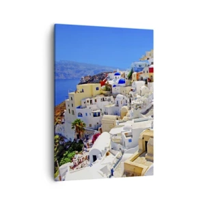 Impression sur toile - Image sur toile - Panorama de Santorin avec des maisons blanches et un ciel bleu - 50x70cm - Le rêve d'un été grec - Décoration murale moderne pour le salon et la chambre ARTTOR
