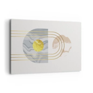 Impression sur toile - Image sur toile - Composition abstraite avec des cercles et des lignes dorées sur fond clair. - 120x80cm - Clareté et brillance - Décoration murale moderne pour le salon et la chambre ARTTOR